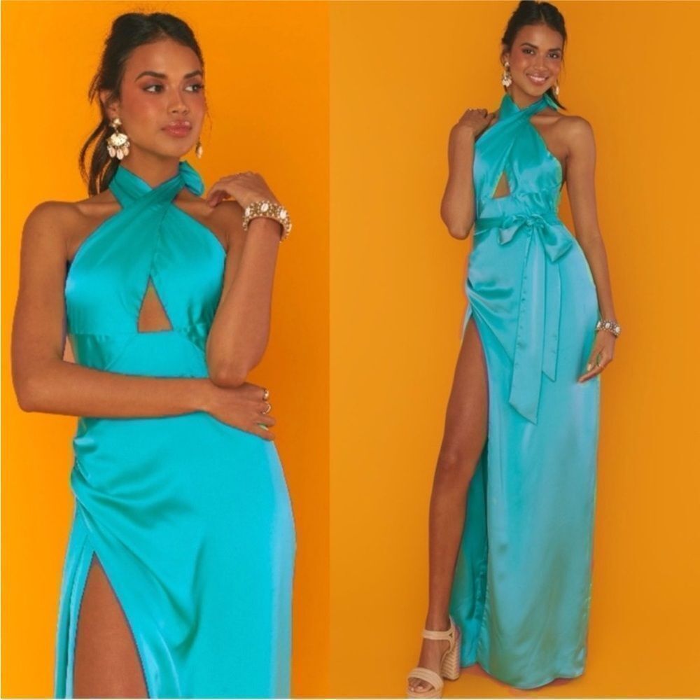 Show me your MuMu NWT Adele Halter Maxi Dress In Teal Luxe Satin Large